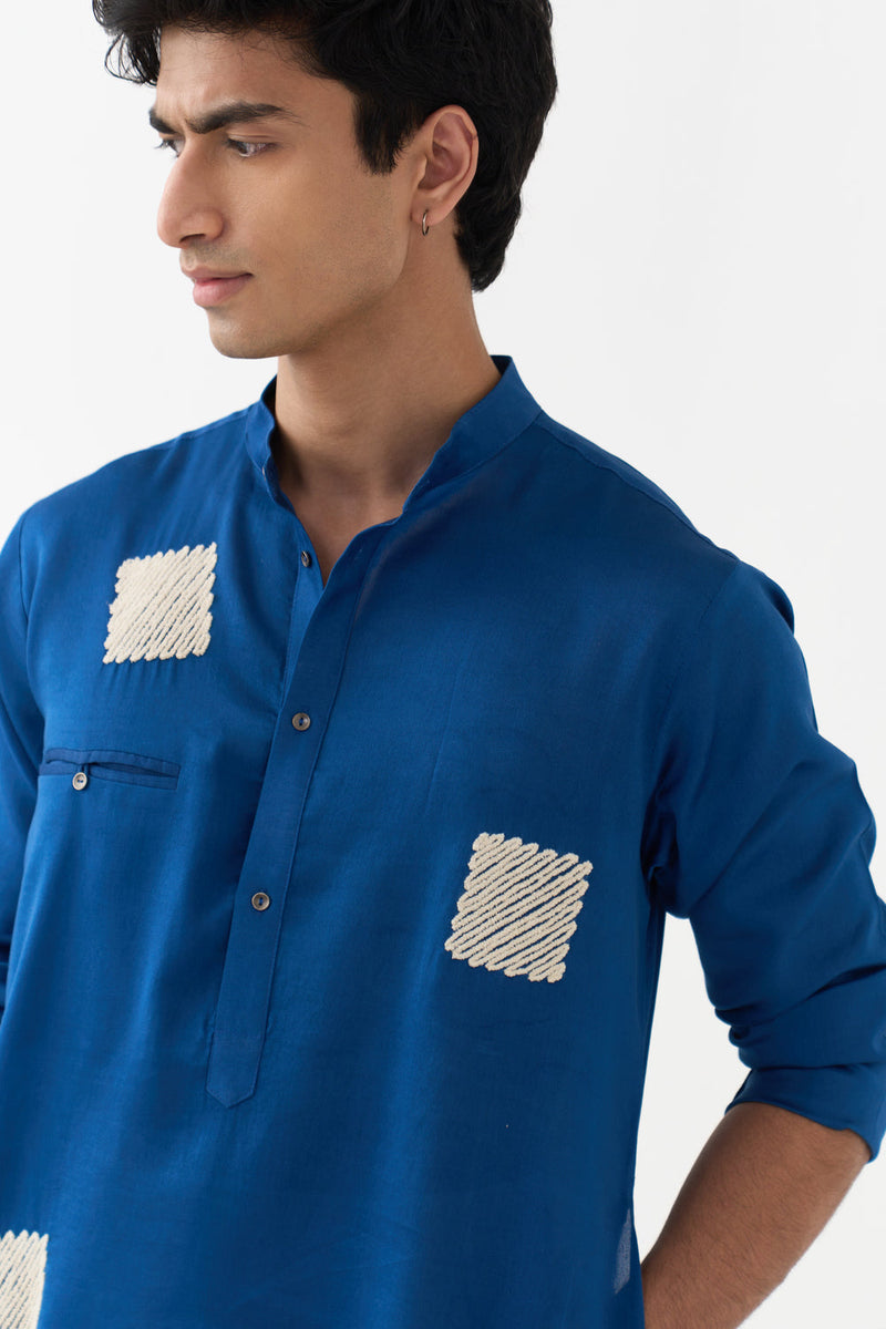 Square Emb. Kurta chanderi kurta/kurta set by THREE Men in blue for men in Singapore