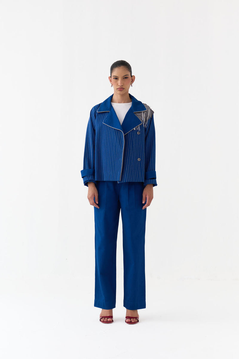 Floral Fringe Patch Jacket Co-Ord (Set Of 2)-Cobalt Blue twill co-ord set by THREE in blue for women in Singapore