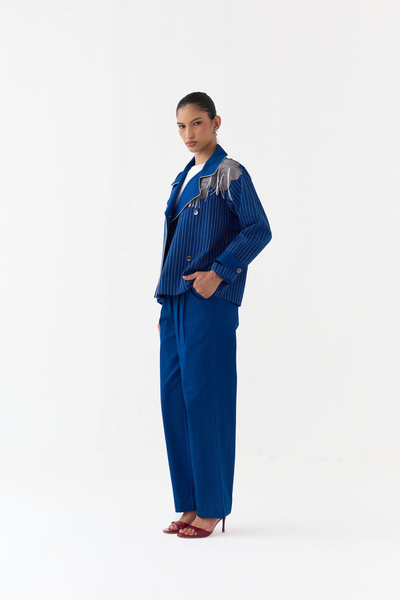 Floral Fringe Patch Jacket Co-Ord (Set Of 2)-Cobalt Blue twill co-ord set by THREE in blue for women in Singapore