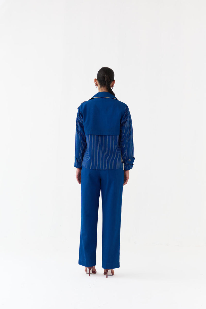 Floral Fringe Patch Jacket Co-Ord (Set Of 2)-Cobalt Blue twill co-ord set by THREE in blue for women in Singapore