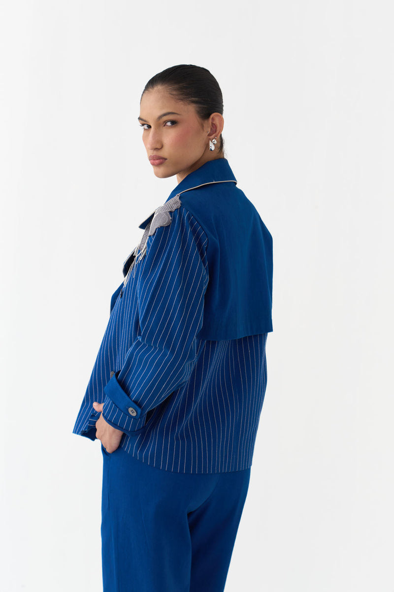 Floral Fringe Patch Jacket Co-Ord (Set Of 2)-Cobalt Blue twill co-ord set by THREE in blue for women in Singapore