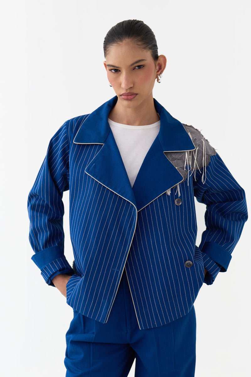 Floral Fringe Patch Jacket Co-Ord (Set Of 2)-Cobalt Blue twill co-ord set by THREE in blue for women in Singapore