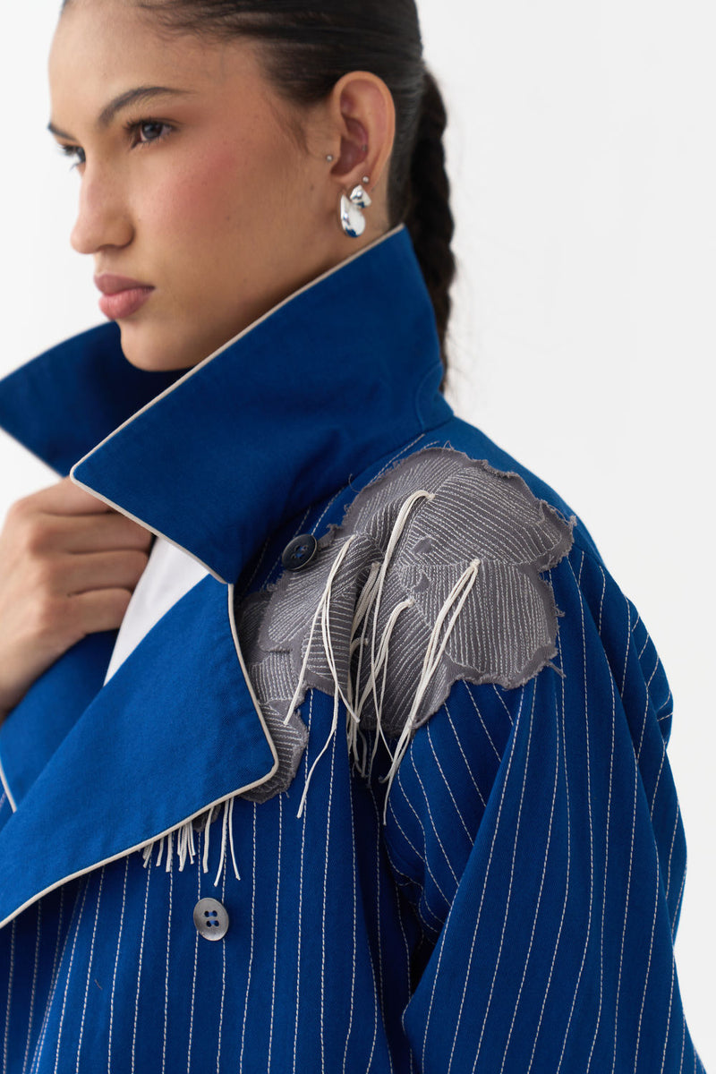 Floral Fringe Patch Jacket Co-Ord (Set Of 2)-Cobalt Blue twill co-ord set by THREE in blue for women in Singapore