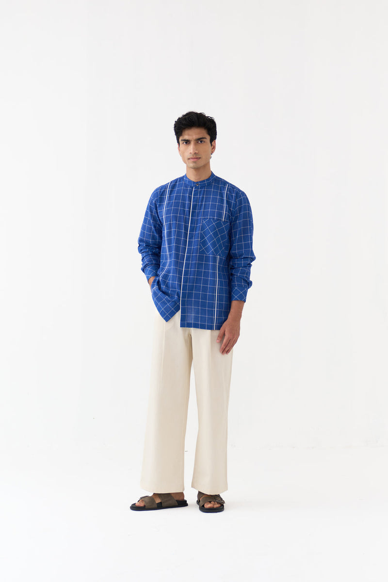 Piping Detail Shirt Co-Ord handwoven cotton mul,twill co-ord set by THREE Men in blue,ivory for men in Singapore
