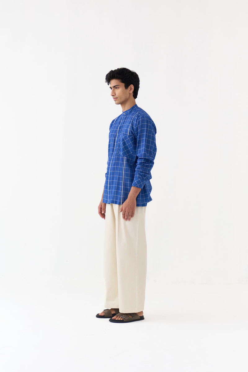 Piping Detail Shirt handwoven cotton mul shirt by THREE Men in blue for men in Singapore
