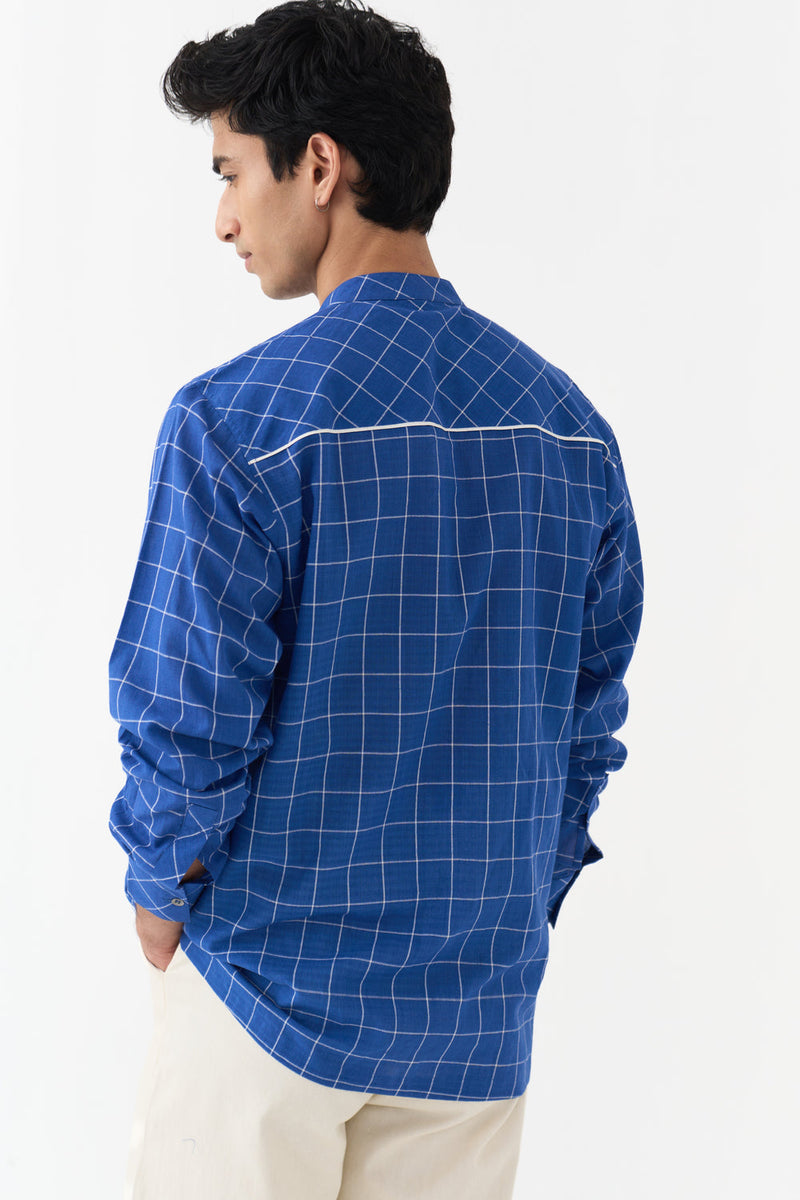 Piping Detail Shirt handwoven cotton mul shirt by THREE Men in blue for men in Singapore