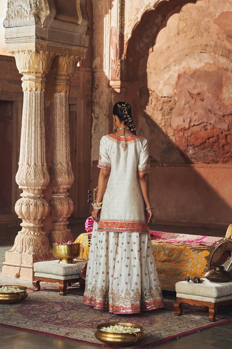 SAMREEN - DAISY IVORY SHORT KURTA WITH SHARARA AND DUPATTA silk chanderi kurta/kurta set by SHEETAL BATRA in ivory for women in Singapore