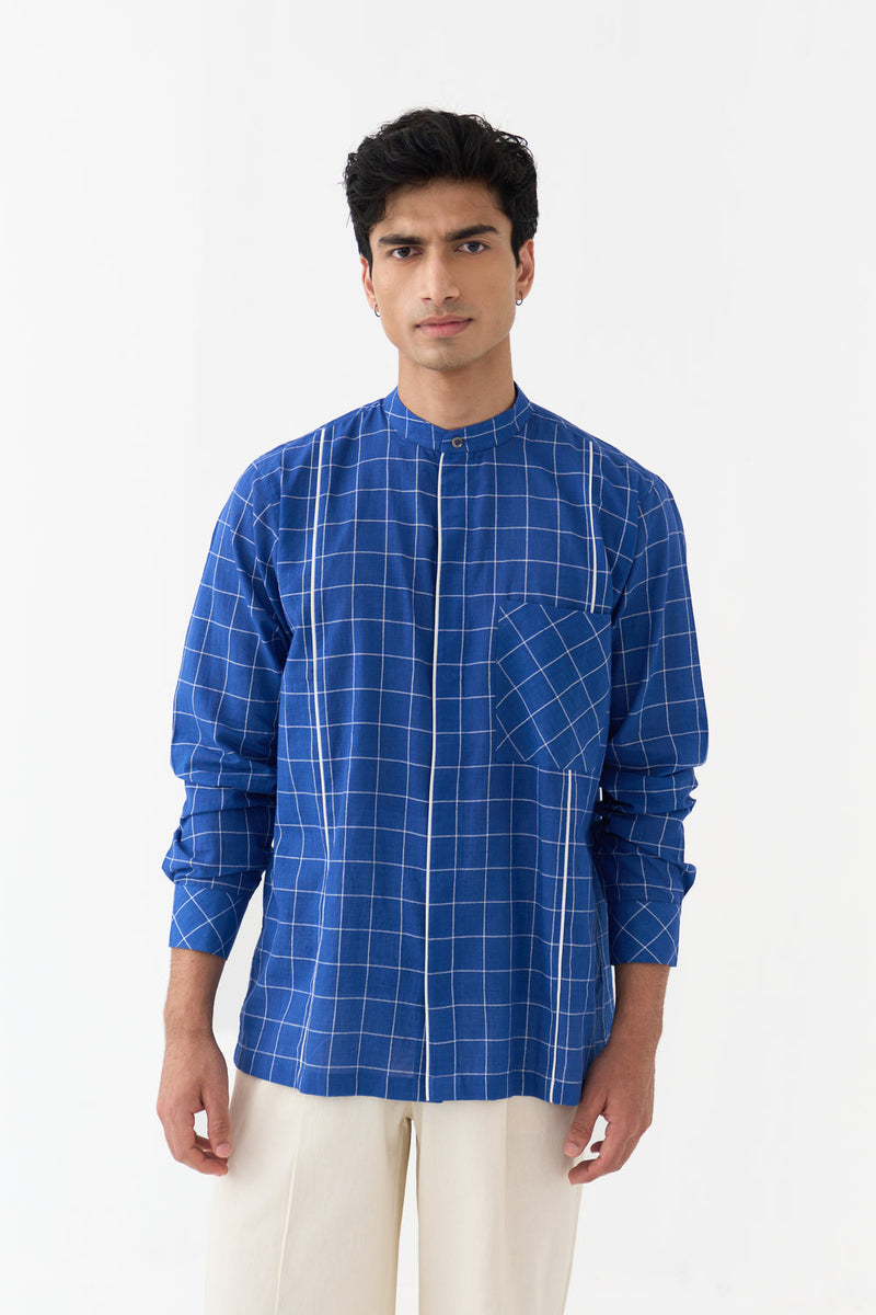Piping Detail Shirt Co-Ord handwoven cotton mul,twill co-ord set by THREE Men in blue,ivory for men in Singapore