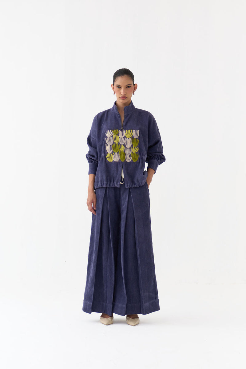Emb. Corduroy Drawstring Top Co-Ord (Set Of 2)-Violet corduroy co-ord set by THREE in violet for women in Singapore
