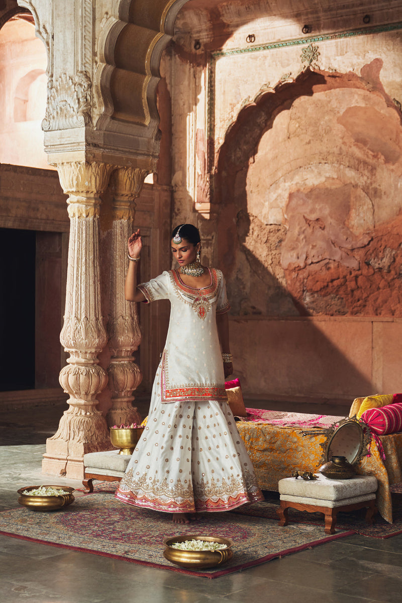 SAMREEN - DAISY IVORY SHORT KURTA WITH SHARARA AND DUPATTA silk chanderi kurta/kurta set by SHEETAL BATRA in ivory for women in Singapore