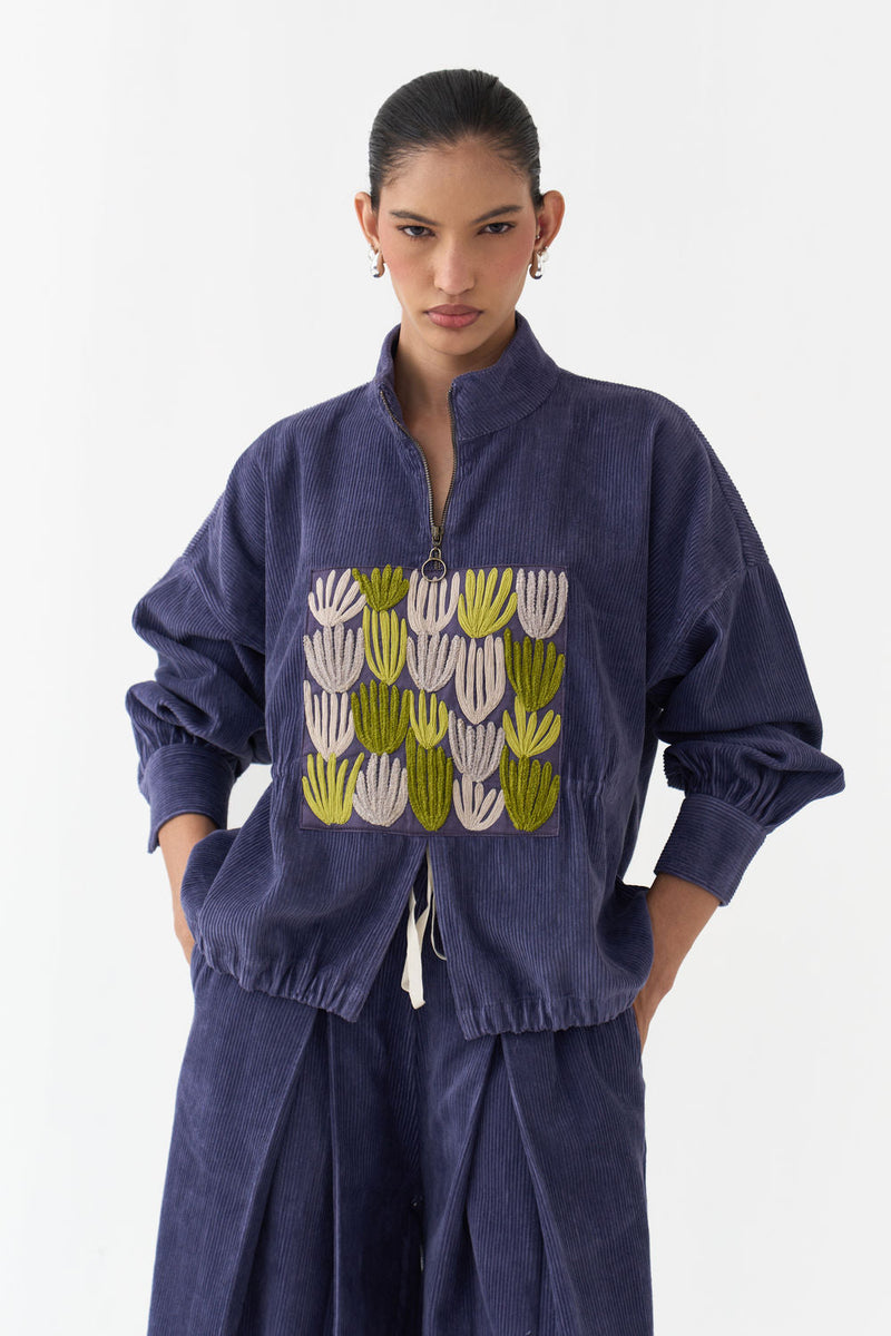 Emb. Corduroy Drawstring Top Co-Ord (Set Of 2)-Violet corduroy co-ord set by THREE in violet for women in Singapore