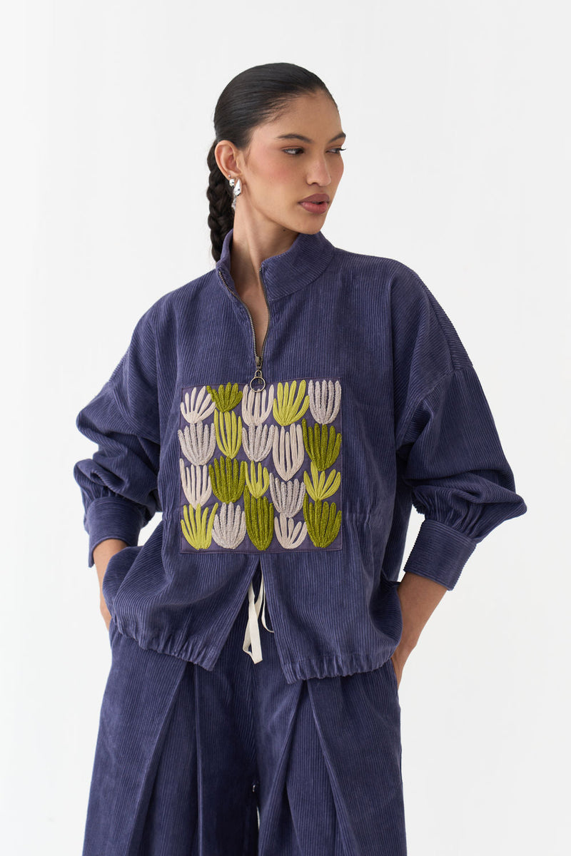 Emb. Corduroy Drawstring Top-Violet corduroy top/shirt by THREE in violet for women in Singapore