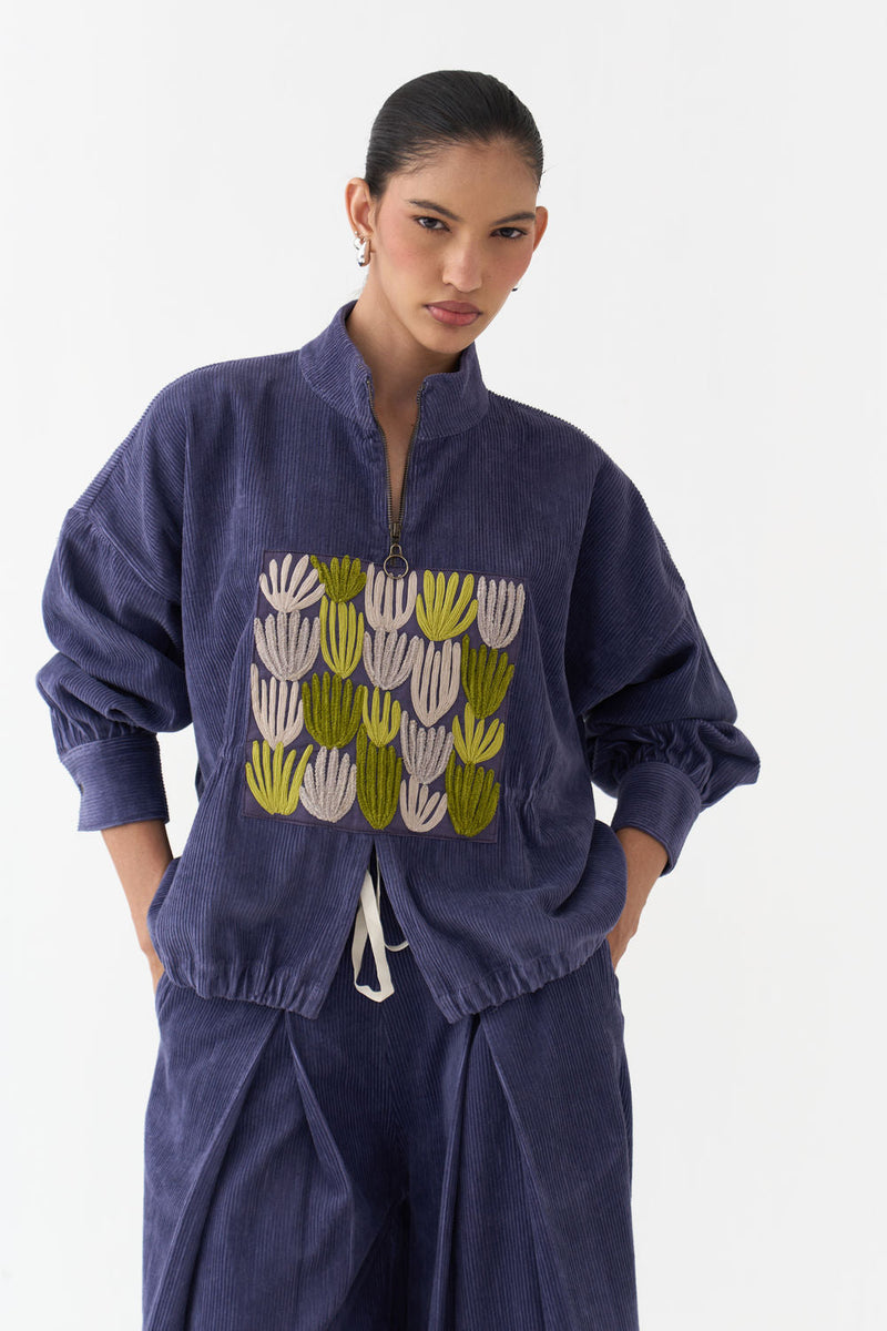 Emb. Corduroy Drawstring Top-Violet corduroy top/shirt by THREE in violet for women in Singapore