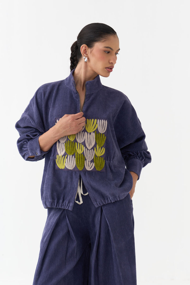 Emb. Corduroy Drawstring Top-Violet corduroy top/shirt by THREE in violet for women in Singapore