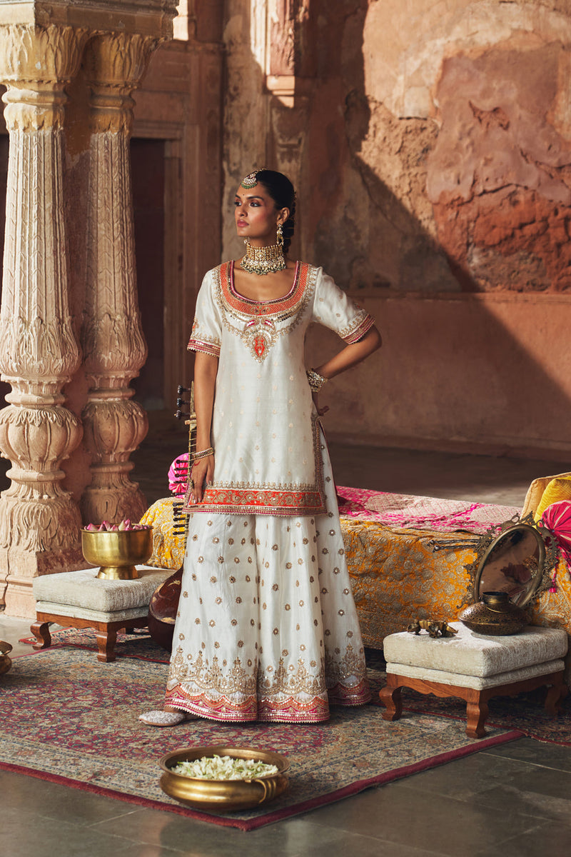 SAMREEN - DAISY IVORY SHORT KURTA WITH SHARARA AND DUPATTA silk chanderi kurta/kurta set by SHEETAL BATRA in ivory for women in Singapore