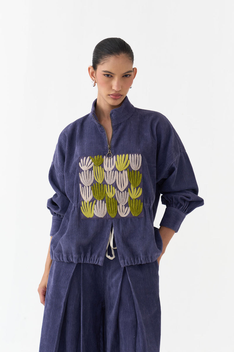 Emb. Corduroy Drawstring Top-Violet corduroy top/shirt by THREE in violet for women in Singapore