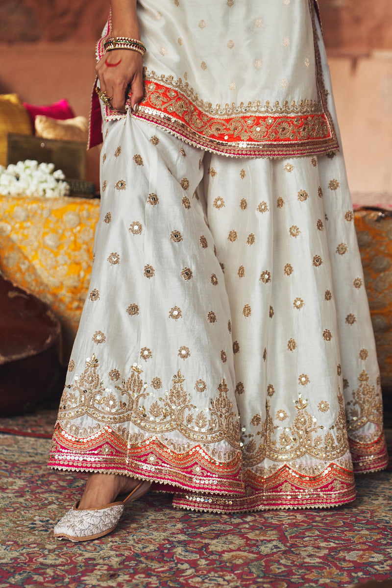 SAMREEN - DAISY IVORY SHORT KURTA WITH SHARARA AND DUPATTA silk chanderi kurta/kurta set by SHEETAL BATRA in ivory for women in Singapore