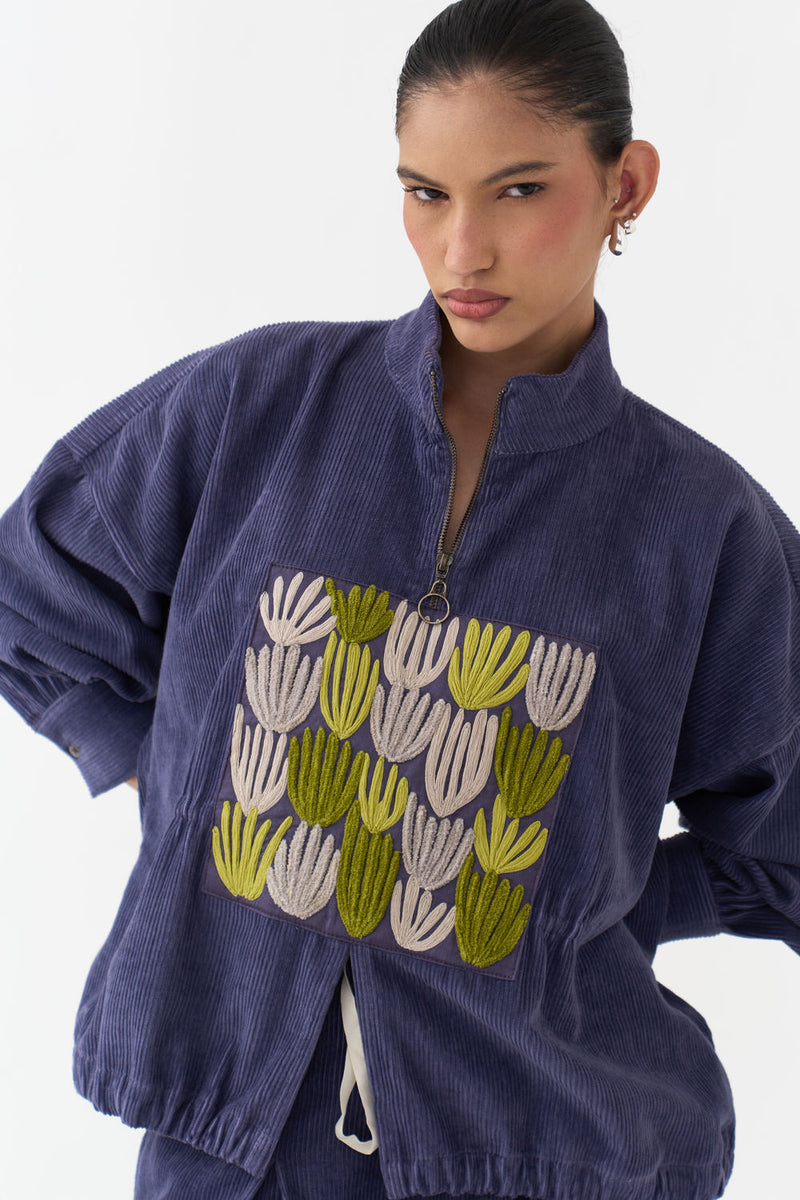 Emb. Corduroy Drawstring Top-Violet corduroy top/shirt by THREE in violet for women in Singapore