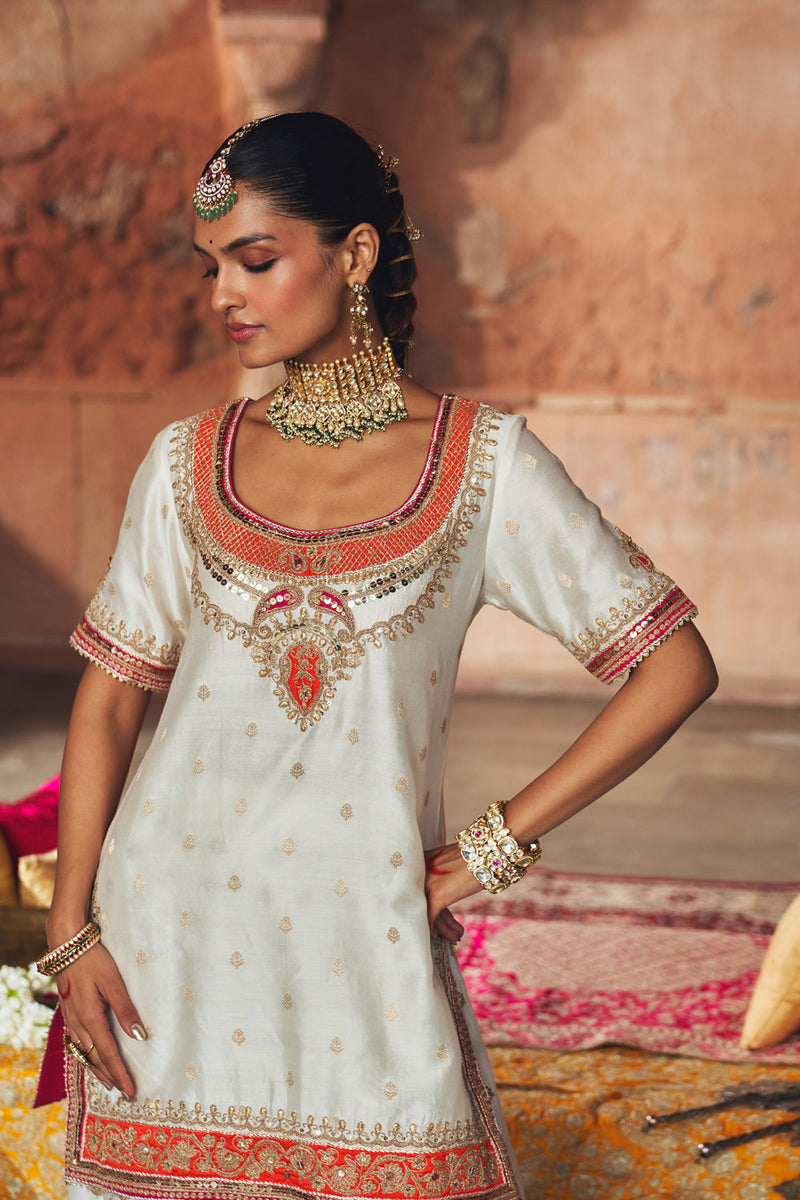 SAMREEN - DAISY IVORY SHORT KURTA WITH SHARARA AND DUPATTA silk chanderi kurta/kurta set by SHEETAL BATRA in ivory for women in Singapore