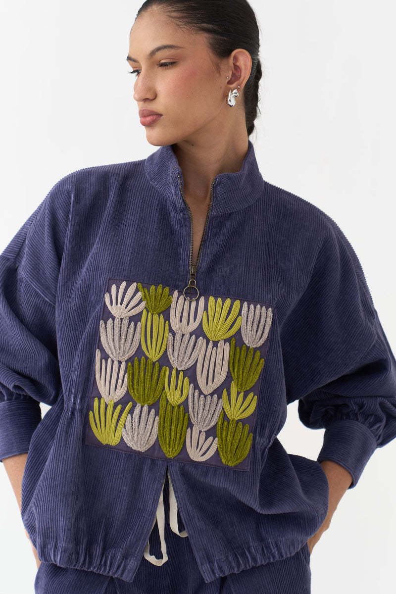 Emb. Corduroy Drawstring Top-Violet corduroy top/shirt by THREE in violet for women in Singapore