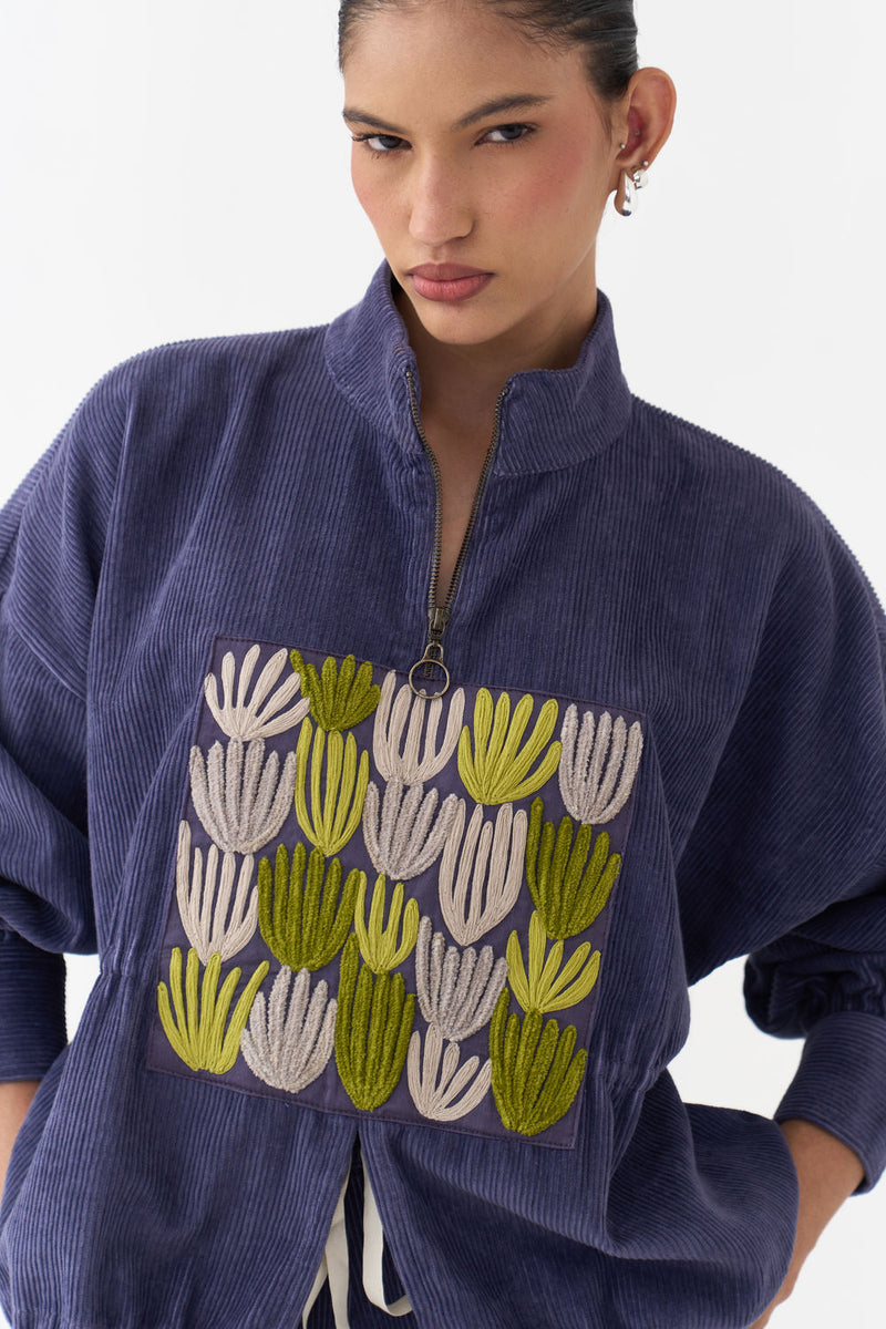 Emb. Corduroy Drawstring Top-Violet corduroy top/shirt by THREE in violet for women in Singapore