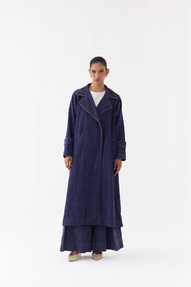 Emb. Patch Corduroy Trench Co-Ord (Set Of 2)-Violet corduroy co-ord set by THREE in violet for women in Singapore