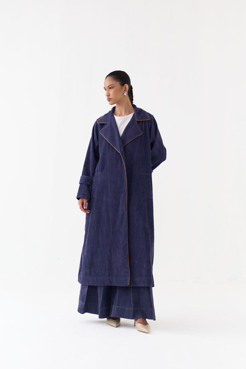 Emb. Patch Corduroy Trench Co-Ord (Set Of 2)-Violet corduroy co-ord set by THREE in violet for women in Singapore