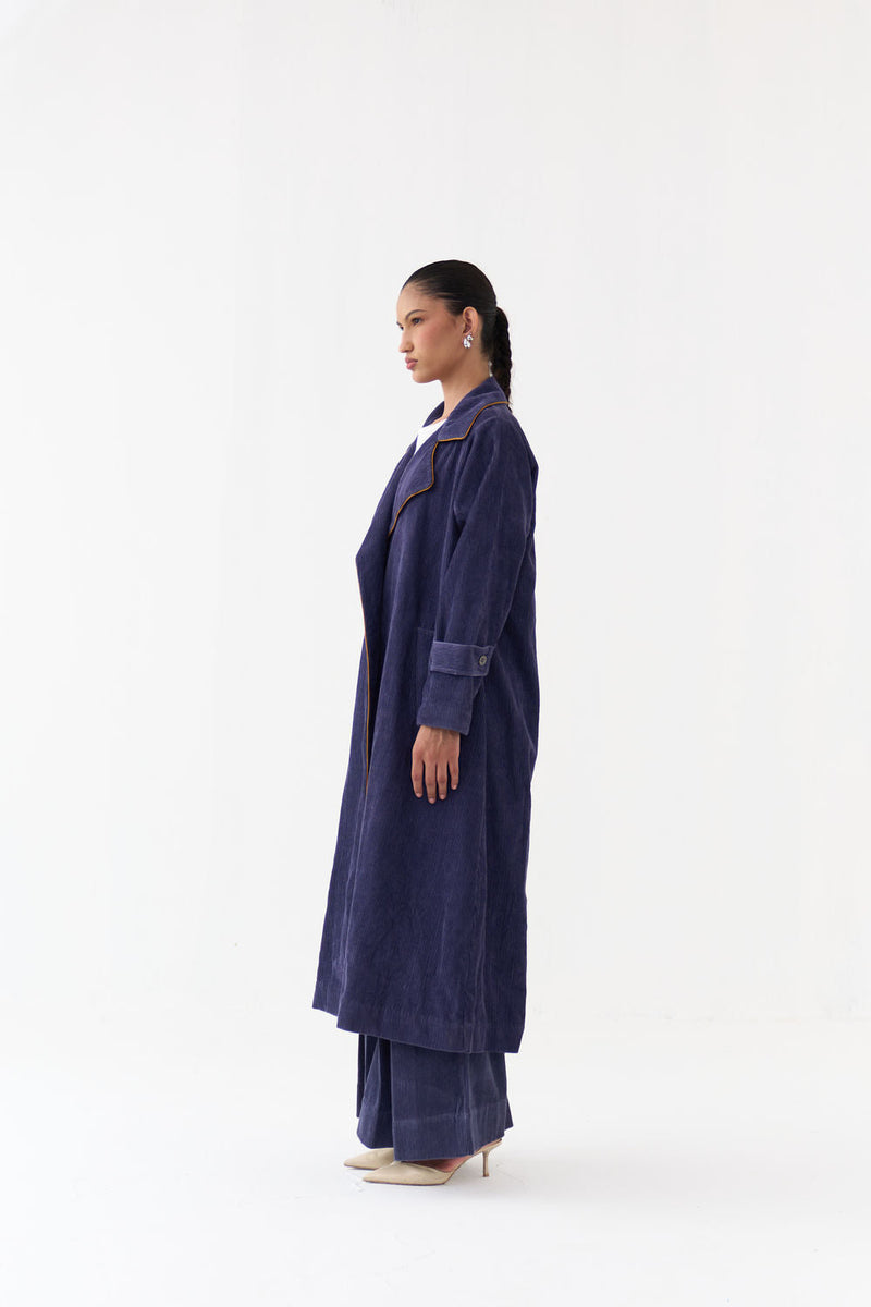 Emb. Patch Corduroy Trench Co-Ord (Set Of 2)-Violet corduroy co-ord set by THREE in violet for women in Singapore