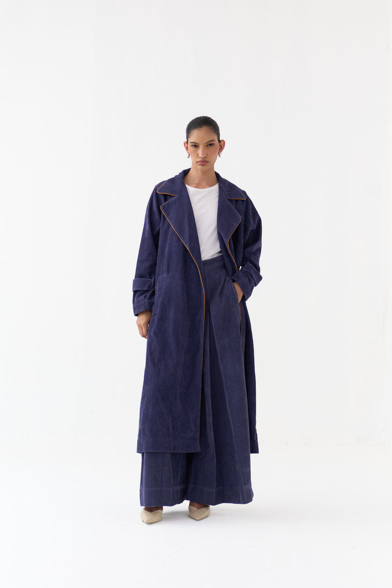Emb. Patch Corduroy Trench Co-Ord (Set Of 2)-Violet corduroy co-ord set by THREE in violet for women in Singapore