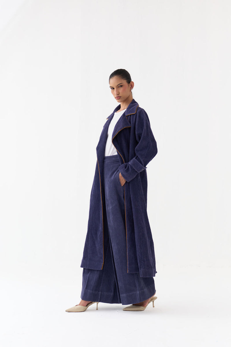 Emb. Patch Corduroy Trench Co-Ord (Set Of 2)-Violet corduroy co-ord set by THREE in violet for women in Singapore