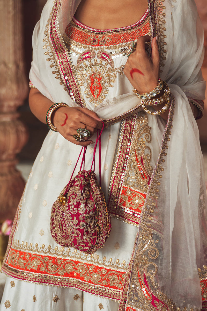 SAMREEN - DAISY IVORY SHORT KURTA WITH SHARARA AND DUPATTA silk chanderi kurta/kurta set by SHEETAL BATRA in ivory for women in Singapore