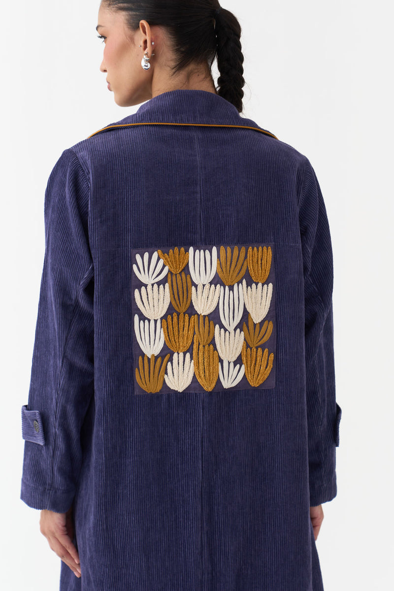 Emb. Patch Corduroy Trench Co-Ord (Set Of 2)-Violet corduroy co-ord set by THREE in violet for women in Singapore