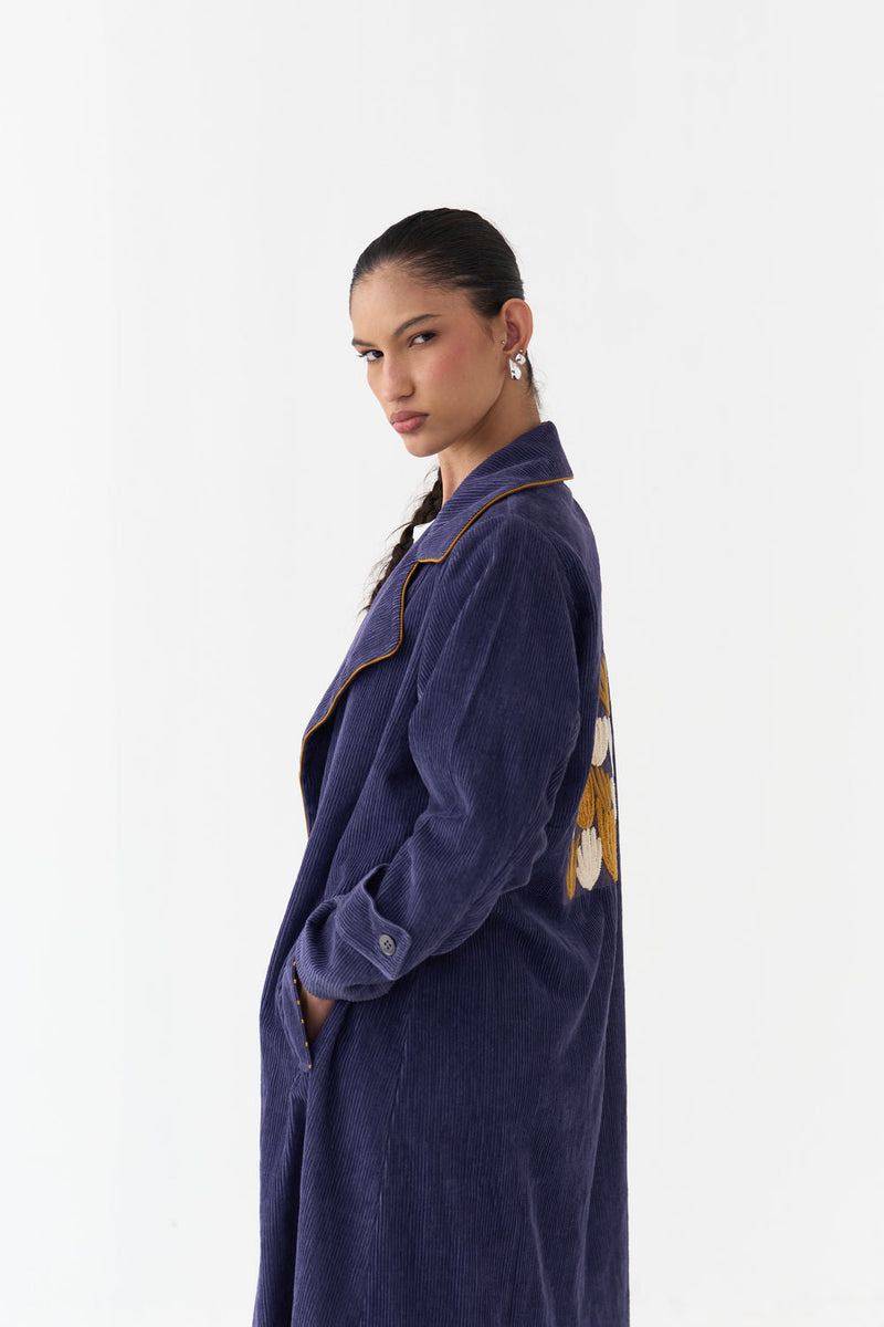 Emb. Patch Corduroy Trench-Violet corduroy jacket/overlay by THREE in violet for women in Singapore