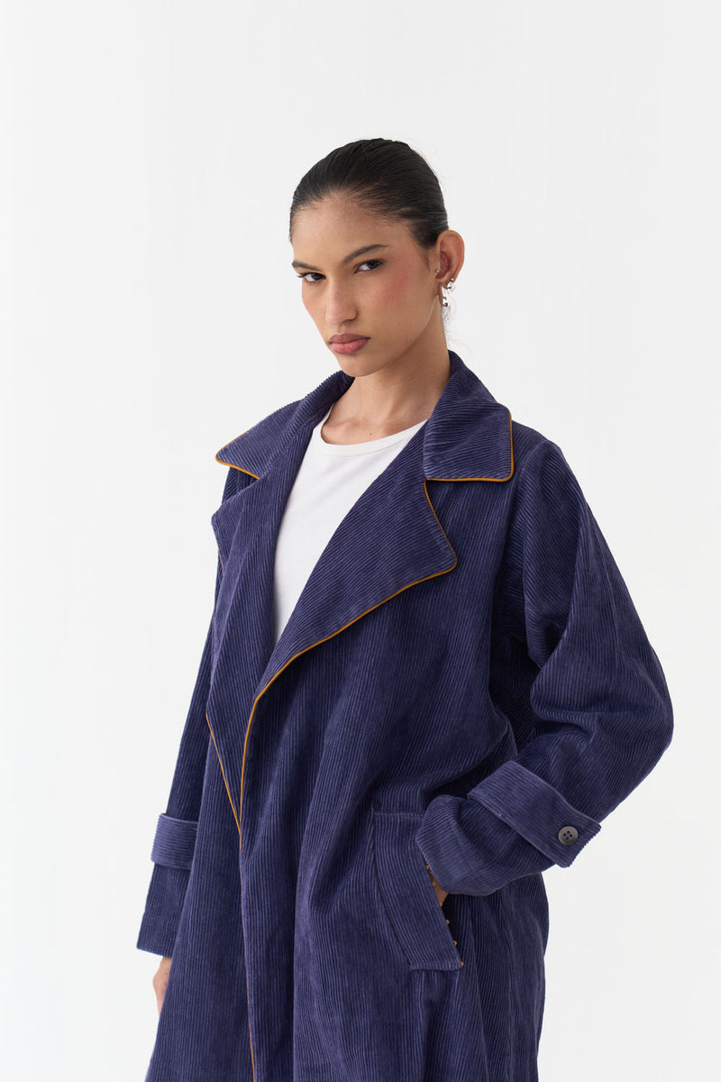 Emb. Patch Corduroy Trench-Violet corduroy jacket/overlay by THREE in violet for women in Singapore