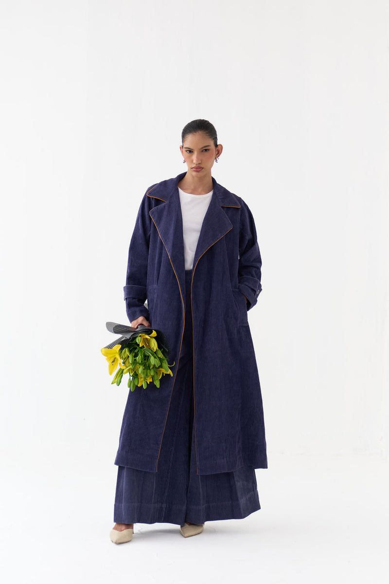Emb. Patch Corduroy Trench Co-Ord (Set Of 2)-Violet corduroy co-ord set by THREE in violet for women in Singapore