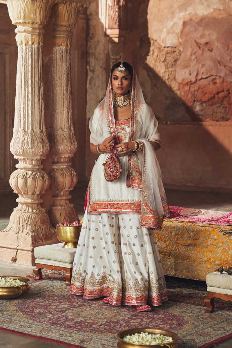 SAMREEN - DAISY IVORY SHORT KURTA WITH SHARARA AND DUPATTA silk chanderi kurta/kurta set by SHEETAL BATRA in ivory for women in Singapore