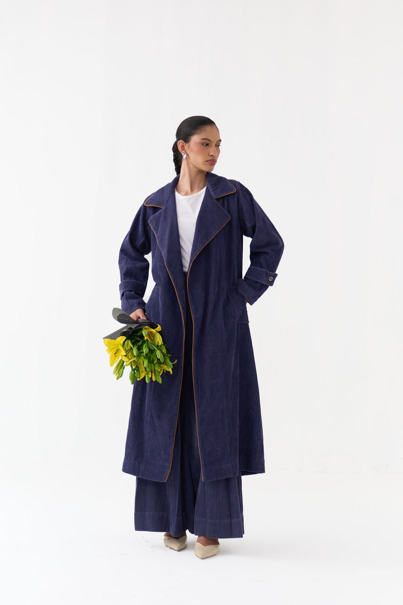 Emb. Patch Corduroy Trench Co-Ord (Set Of 2)-Violet corduroy co-ord set by THREE in violet for women in Singapore