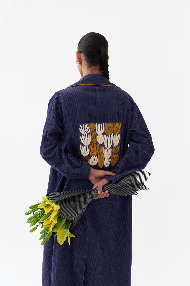 Emb. Patch Corduroy Trench-Violet corduroy jacket/overlay by THREE in violet for women in Singapore