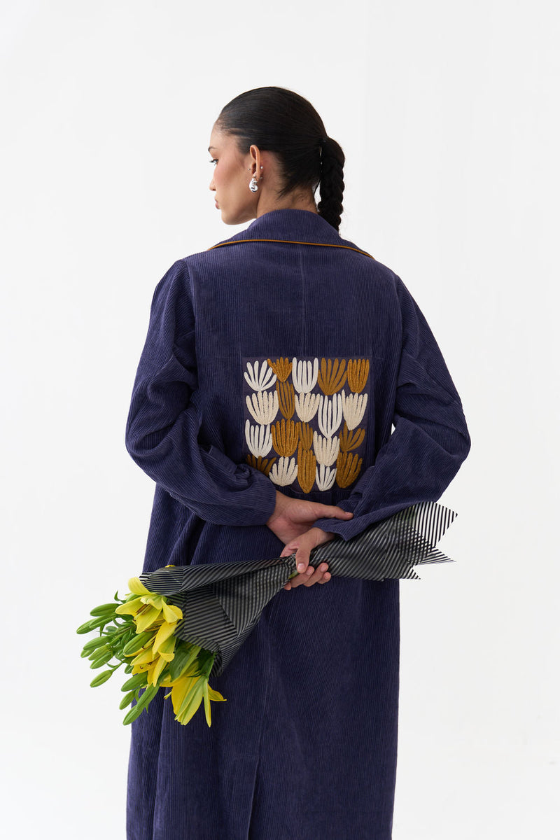 Emb. Patch Corduroy Trench-Violet corduroy jacket/overlay by THREE in violet for women in Singapore