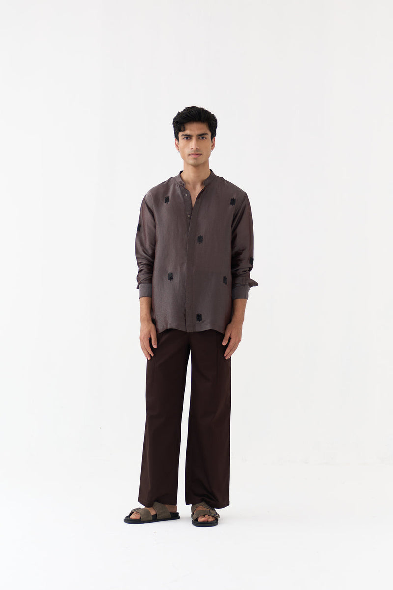 Hand Emb. Detail Band Collar Shirt Co-Ord tissue,poplin co-ord set by THREE Men in dark brown for men in Singapore