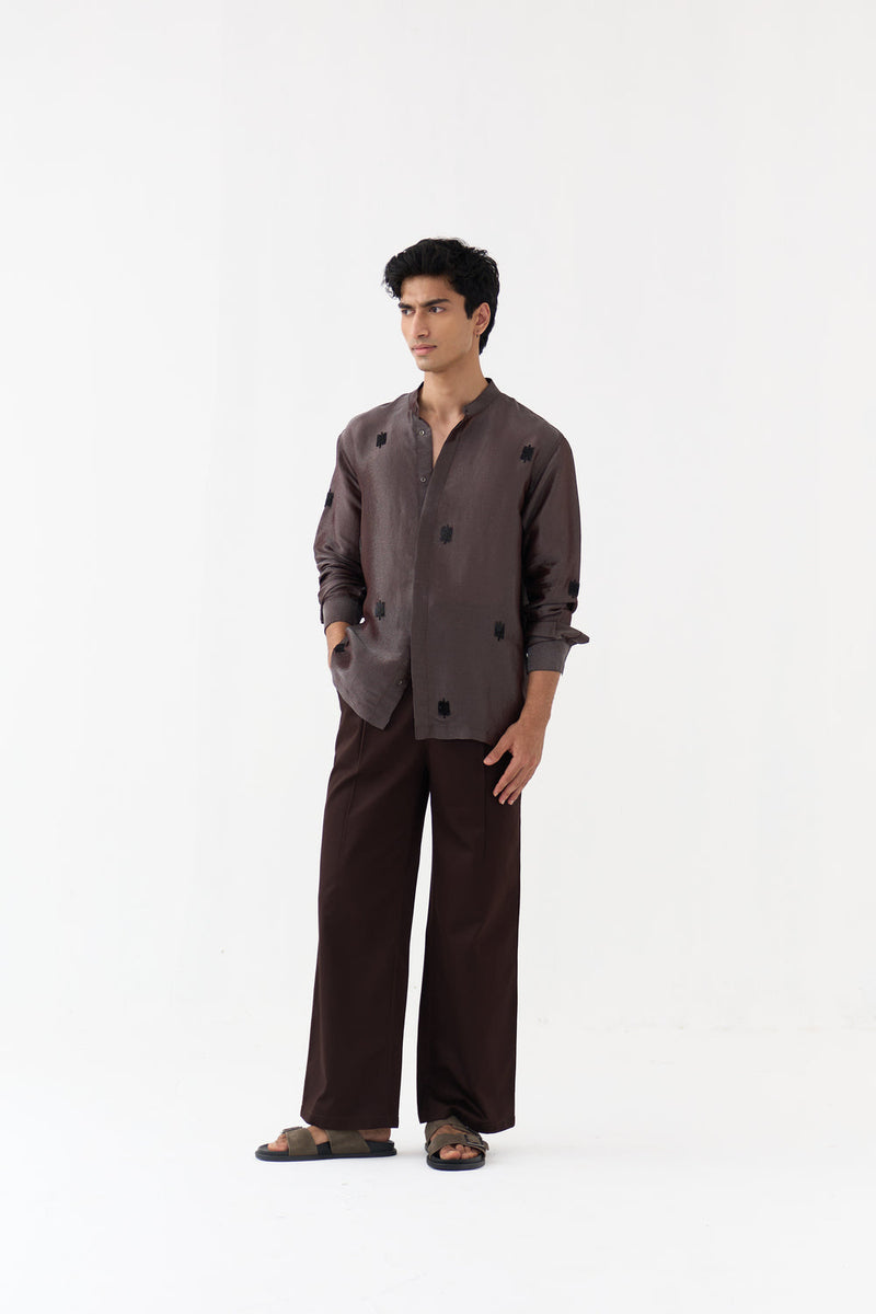 Hand Emb. Detail Band Collar Shirt Co-Ord tissue,poplin co-ord set by THREE Men in dark brown for men in Singapore