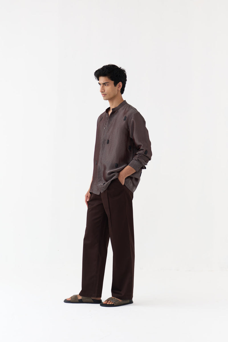 Hand Emb. Detail Band Collar Shirt tissue shirt by THREE Men in dark brown for men in Singapore