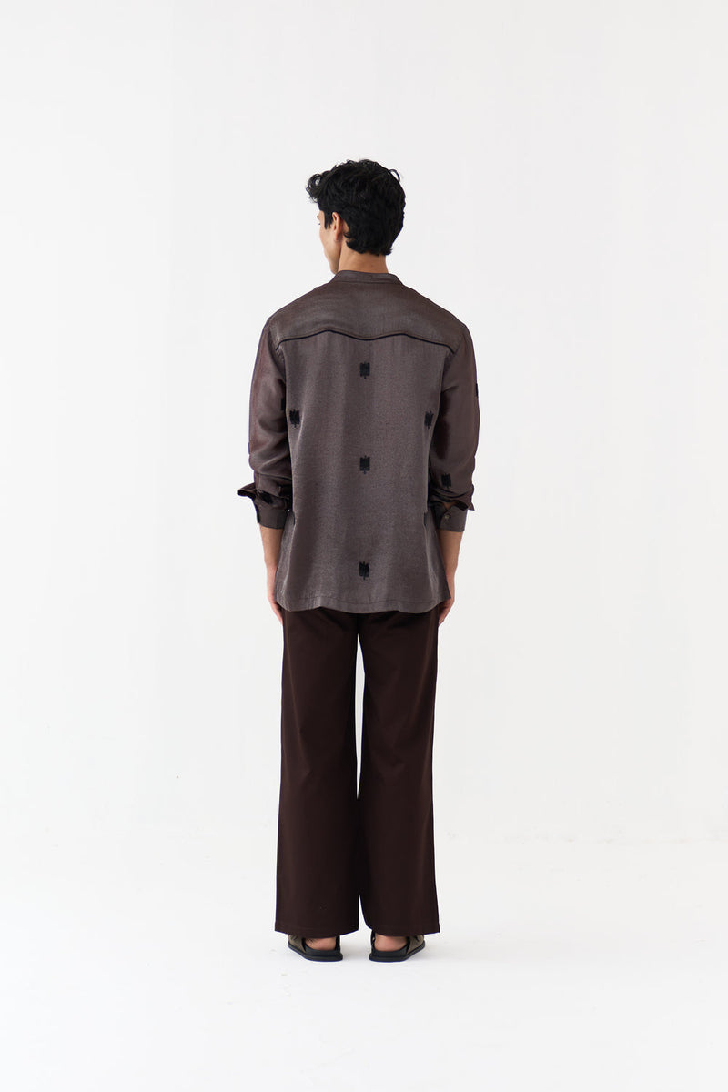 Hand Emb. Detail Band Collar Shirt tissue shirt by THREE Men in dark brown for men in Singapore