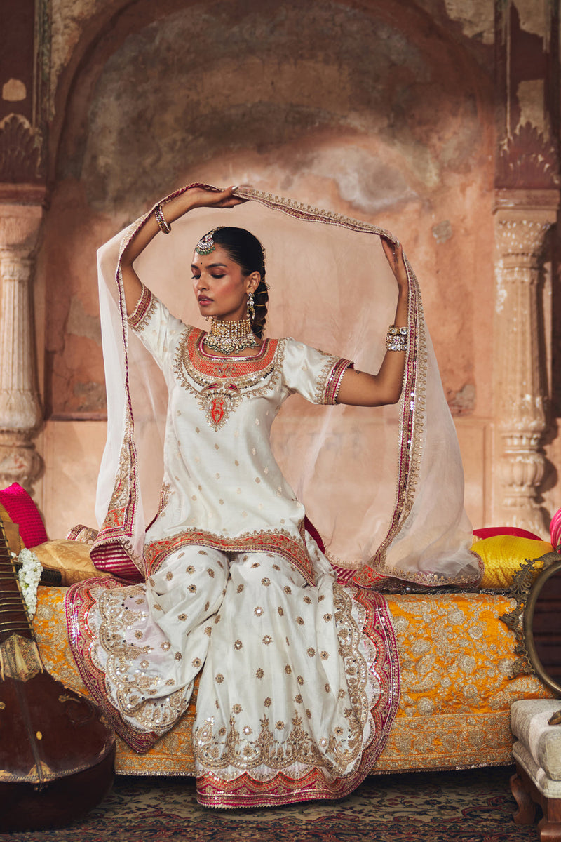 SAMREEN - DAISY IVORY SHORT KURTA WITH SHARARA AND DUPATTA silk chanderi kurta/kurta set by SHEETAL BATRA in ivory for women in Singapore