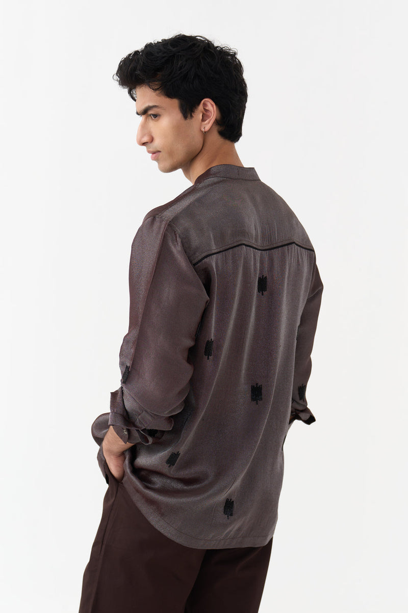 Hand Emb. Detail Band Collar Shirt tissue shirt by THREE Men in dark brown for men in Singapore