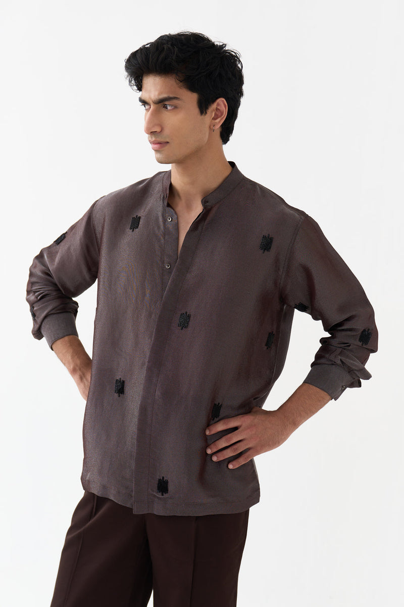 Hand Emb. Detail Band Collar Shirt tissue shirt by THREE Men in dark brown for men in Singapore