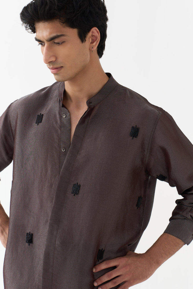 Hand Emb. Detail Band Collar Shirt tissue shirt by THREE Men in dark brown for men in Singapore