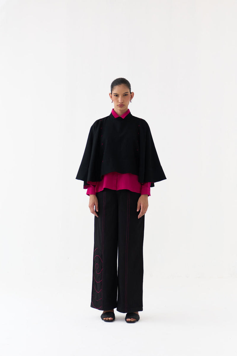 Woollen Poncho Co-Ord (Set Of 3)-Black/Fuchsia wool/twill co-ord set by THREE in fuchsia, black for women in Singapore