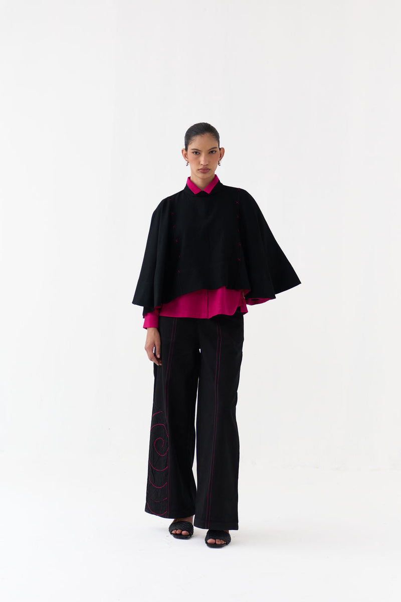 Woollen Poncho Co-Ord (Set Of 3)-Black/Fuchsia wool/twill co-ord set by THREE in fuchsia, black for women in Singapore