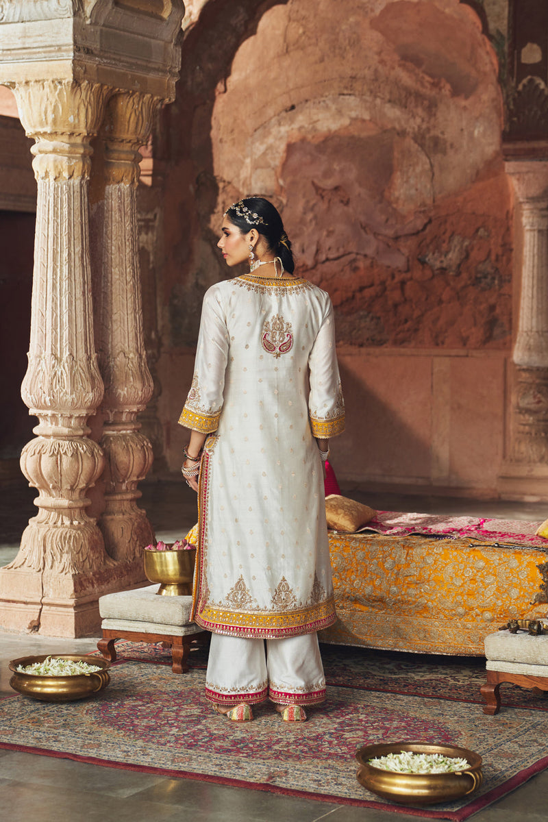 SUMAIRA - DAISY IVORY LONG KURTA WITH PALAZZO AND DUPATTA silk chanderi kurta/kurta set by SHEETAL BATRA in ivory for women in Singapore